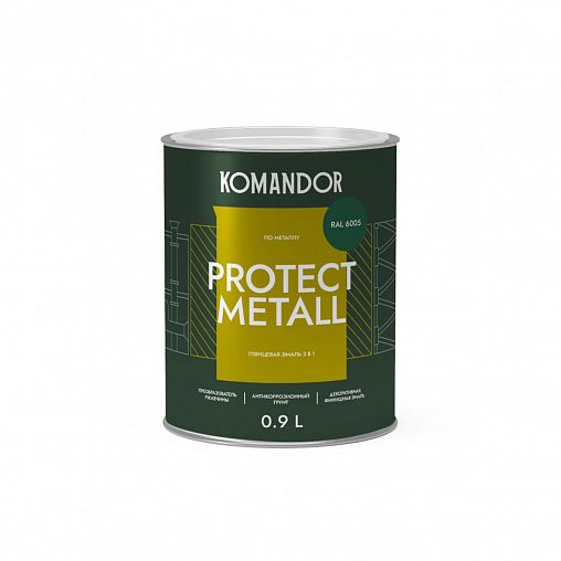 Грунт-эмаль по ржавчине 3 в 1 Komandor Protect Metall, глянцевая, 0,9 л, RAL 6005, зеленый фото Грунт-эмаль по ржавчине 3 в 1 Komandor Protect Metall, глянцевая, 0,9 л, RAL 6005, зеленый фото
