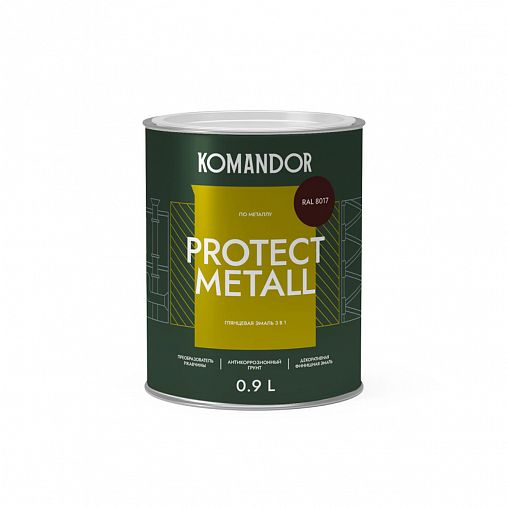 Грунт-эмаль по ржавчине 3 в 1 Komandor Protect Metall, глянцевая, 0,9 л, RAL 8017, коричневый фото