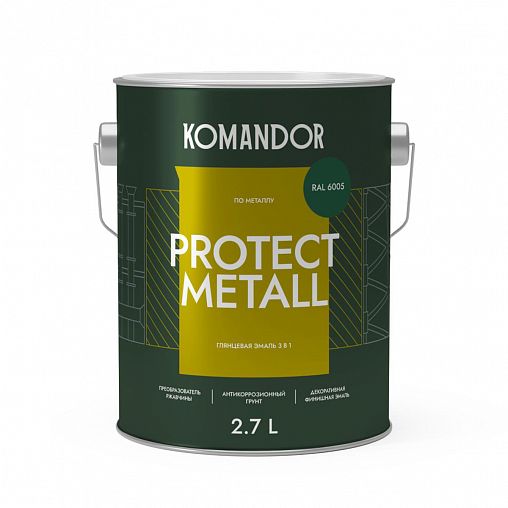 Грунт-эмаль по ржавчине 3 в 1 Komandor Protect Metall, глянцевая, 2,7 л, RAL 6005, зеленый фото
