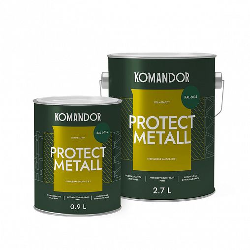 Грунт-эмаль по ржавчине 3 в 1 Komandor Protect Metall, глянцевая, 2,7 л, RAL 6005, зеленый фото