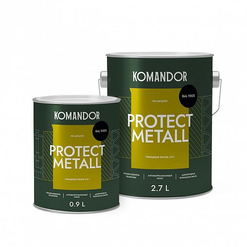 Грунт-эмаль по ржавчине 3 в 1 Komandor Protect Metall, глянцевая, 0,9 л, RAL 9005, черный фото Грунт-эмаль по ржавчине 3 в 1 Komandor Protect Metall, глянцевая, 0,9 л, RAL 9005, черный фото