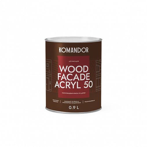 Краска для деревянных фасадов Komandor Wood Facade Acryl 50, полуглянцевая, база А, белая, 0,9 л фото