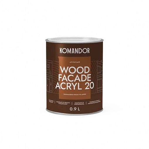 Краска для деревянных фасадов Komandor Wood Facade Acryl 20, полуматовая, база C, бесцветная, 0,9 л фото