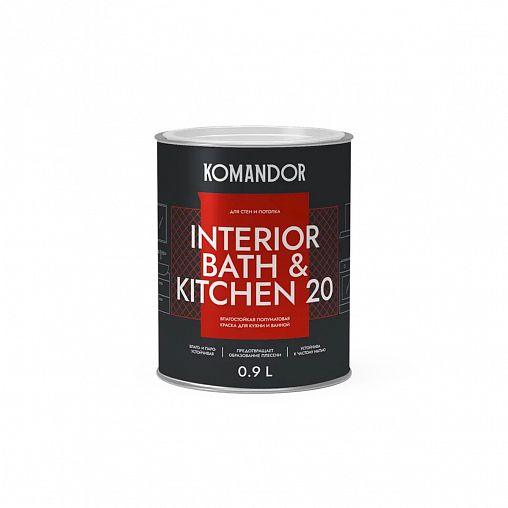Краска интерьерная влагостойкая Komandor Interior Bath&Kitchen 20, база С, бесцветная, 0,9 л фото Краска интерьерная влагостойкая Komandor Interior Bath&Kitchen 20, база С, бесцветная, 0,9 л фото