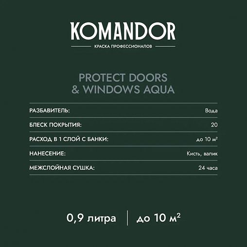 Эмаль для окон и дверей Komandor Protect Doors&Widows Aqua, полуматовая, база C, бесцветная, 0,9 л фото