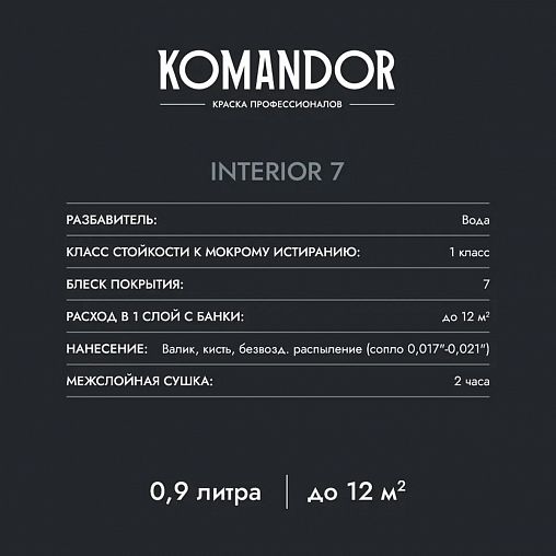 Краска для стен и потолков Komandor Interior 7, матовая, база C, бесцветная, 0,9 л фото