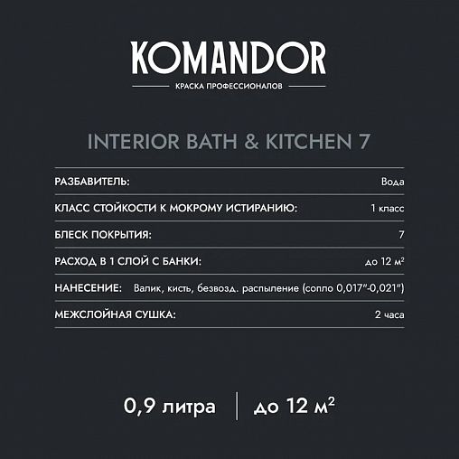 Краска интерьерная влагостойкая Komandor Interior Bath&Kitchen 7, матовая, база С, бесцветная, 2,7 л фото
