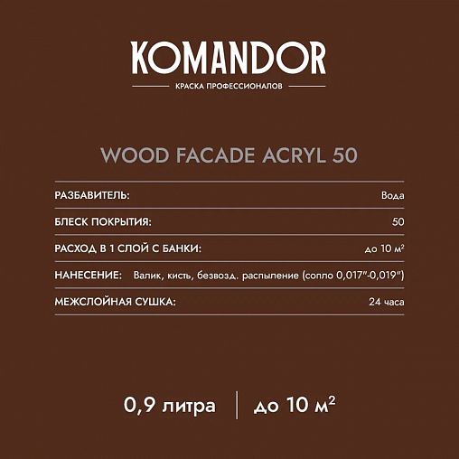 Краска для деревянных фасадов Komandor Wood Facade Acryl 50, полуглянцевая, база А, белая, 9 л фото