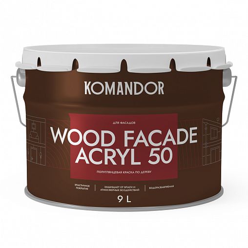 Краска для деревянных фасадов Komandor Wood Facade Acryl 50, полуглянцевая, база C, бесцветная, 9 л фото