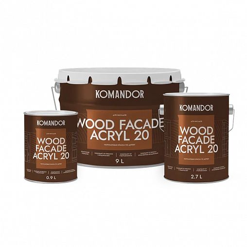 Краска для деревянных фасадов Komandor Wood Facade Acryl 20, полуматовая, база C, бесцветная, 0,9 л фото