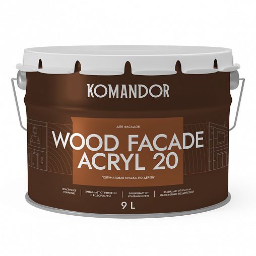 Краска для деревянных фасадов Komandor Wood Facade Acryl 20, полуматовая, база C, бесцветная, 9 л фото Краска для деревянных фасадов Komandor Wood Facade Acryl 20, полуматовая, база C, бесцветная, 9 л фото