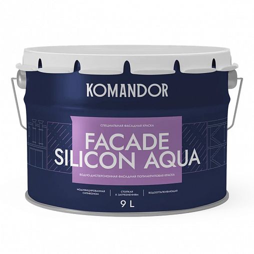 Краска фасадная Komandor Facade Silicon Aqua, глубокоматовая, база А, белая, 9 л фото