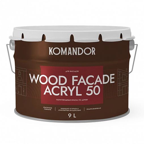 Краска для деревянных фасадов Komandor Wood Facade Acryl 50, полуглянцевая, база А, белая, 9 л фото