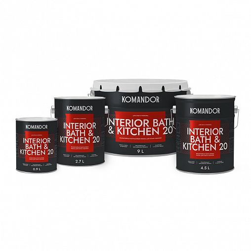 Краска интерьерная влагостойкая Komandor Interior Bath&Kitchen 20, полуматовая, база А, белая, 0,9 л фото