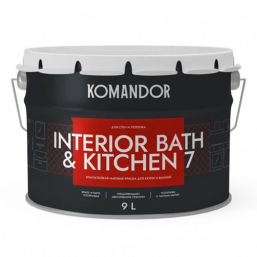 Краска интерьерная влагостойкая Komandor Interior Bath&Kitchen 7, матовая, база С, бесцветная, 9 л фото