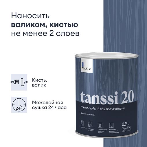 Лак для пола и лестниц Talatu Tanssi 20, акриловый, полуматовый, база С, бесцветный, 0,9 л фото