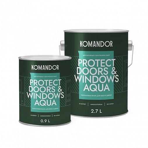 Эмаль для окон и дверей Komandor Protect Doors&Widows Aqua, полуматовая, база А, белая, 0,9 л фото